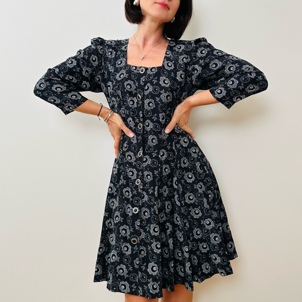 Vintage Windsong Floral Print  Fit-And-Flare Dress Square Neck Mini